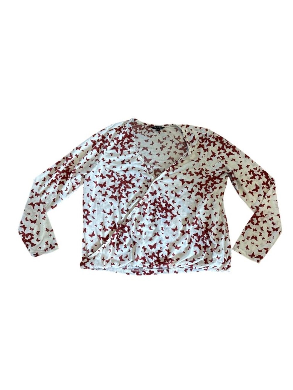 Butterfly Print Top Womens Lg White & Red Long Sleeve Wrap Shirt By George